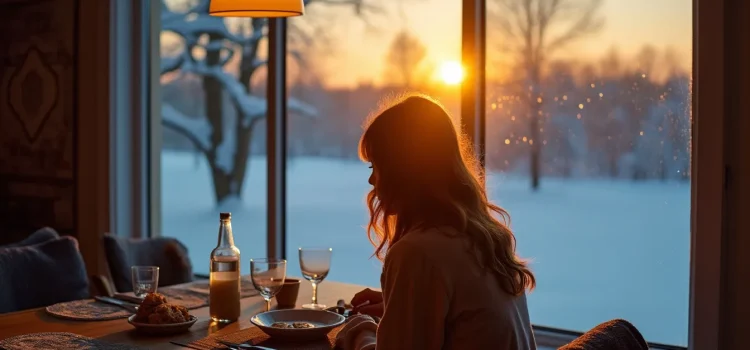 A woman sitting at a dinner table while the sun sets over a snowy landscape outside illustrates Dr. Satchin Panda's diet tips