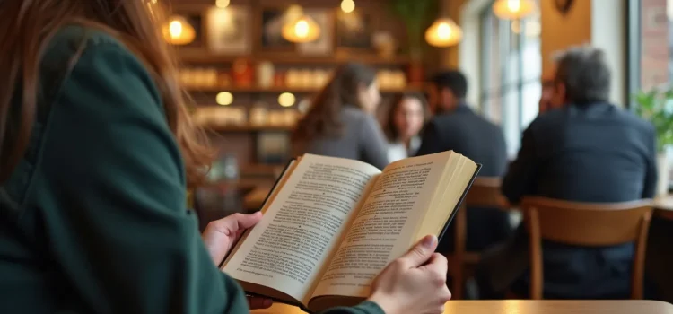 A woman sitting at a table in a cafe reading a book with other people in the background sitting at tables