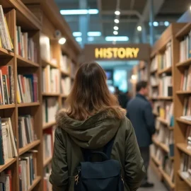 People in a book store in a section with a sign that says "HISTORY" illustrates the big cycle of world history