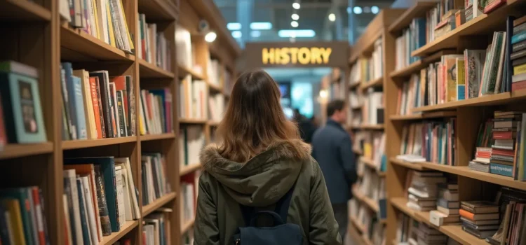 People in a book store in a section with a sign that says "HISTORY" illustrates the big cycle of world history