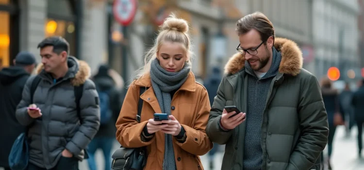 People walking around in a city looking at their mobile phones illustrate how the has internet changed society