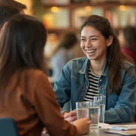 Two men and two women engaging in charismatic communication in a cafe