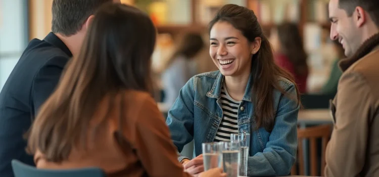 Two men and two women engaging in charismatic communication in a cafe