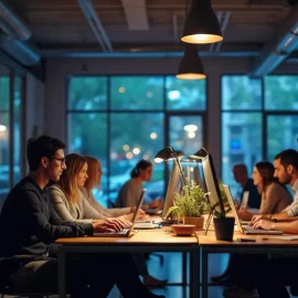 Coworkers with a live-to-work mentality working at computers in an open workspace in the evening