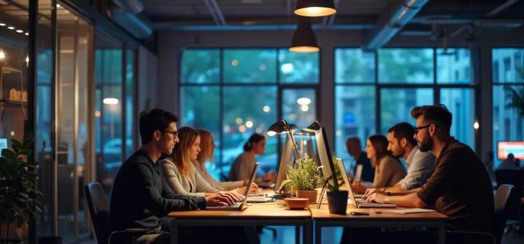 Coworkers with a live-to-work mentality working at computers in an open workspace in the evening