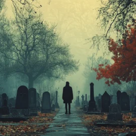 The silhouette of a person standing in a graveyard in the fall, accepting that death is a part of life