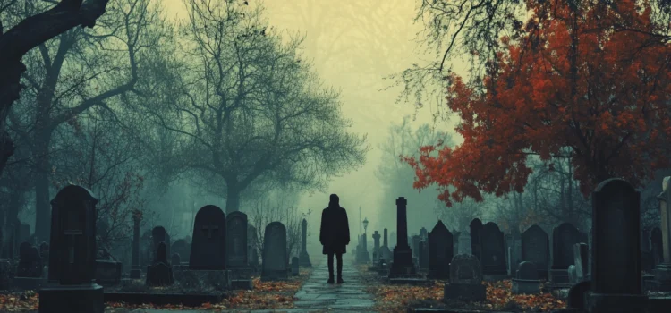 The silhouette of a person standing in a graveyard in the fall, accepting that death is a part of life