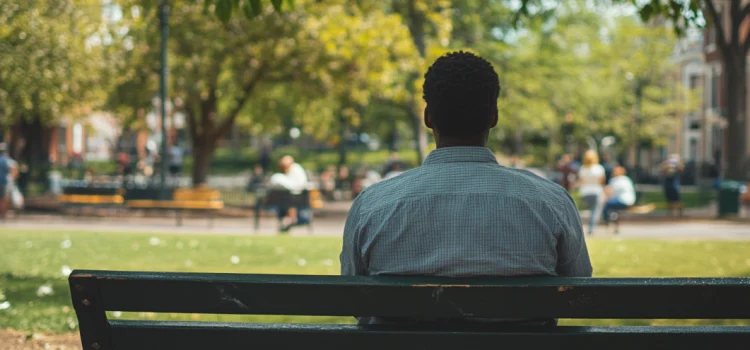 A man sitting on a park bench watching people because mindfulness and art are connected