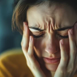 A woman touching her scrunched up face as a physical sign of stress