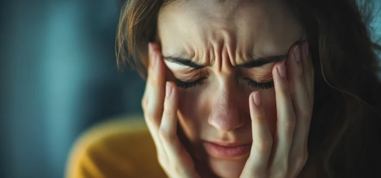 A woman touching her scrunched up face as a physical sign of stress