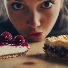 A woman curiously looking at a slice of pie and cake, using her type of decision-making styles to choose between them