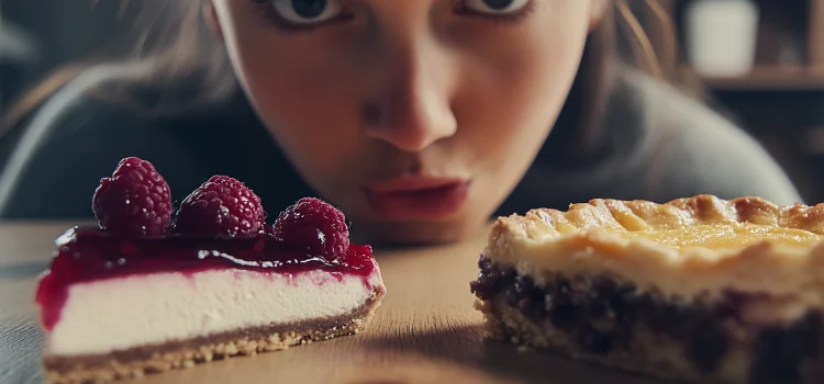 A woman curiously looking at a slice of pie and cake, using her type of decision-making styles to choose between them