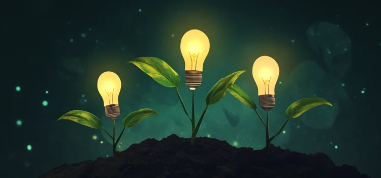 Three plants in the dark growing lightbulbs, representing how to encourage innovation in the workplace