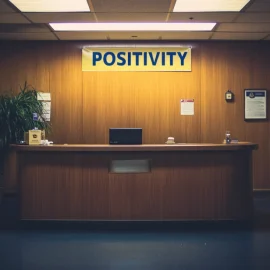 A positivity banner above the front desk of an office building, illustrating how to build a positive working environment