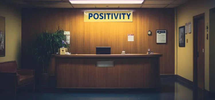 A positivity banner above the front desk of an office building, illustrating how to build a positive working environment