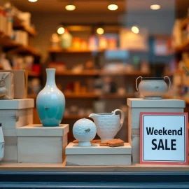 A display of appealing products in a pottery shop window with a sign that says "Weekend Sale"