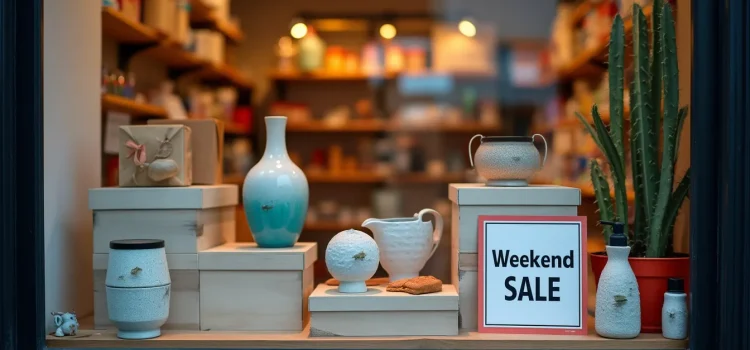 A display of appealing products in a pottery shop window with a sign that says "Weekend Sale"