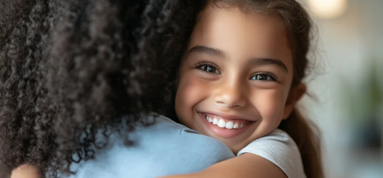 A mother who knows how to prevent child abuse, hugging her smiling daughter