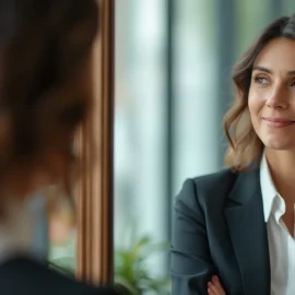 A professional woman with brown curly hair looking at herself in the mirror illustrates self-awareness in entrepreneurship