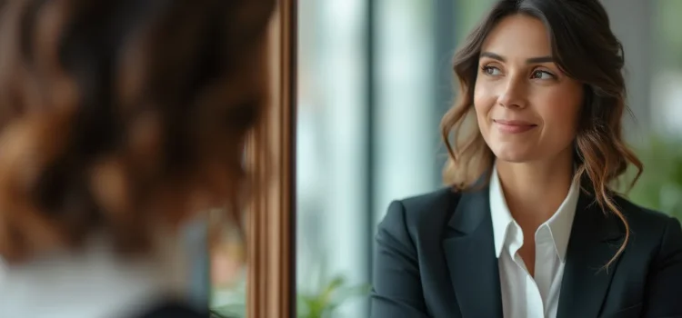 A professional woman with brown curly hair looking at herself in the mirror illustrates self-awareness in entrepreneurship