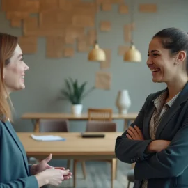 Two professional women smiling and chatting in an open workspace illustrates how to support colleagues at work