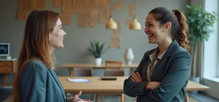 Two professional women smiling and chatting in an open workspace illustrates how to support colleagues at work