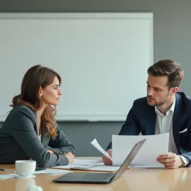 Two professionals in a conference room with a white board and a large table are creating a customer acquisition plan