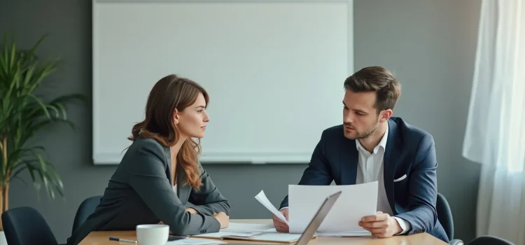 Two professionals in a conference room with a white board and a large table are creating a customer acquisition plan