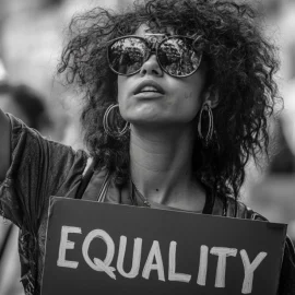 A woman holding an equality sign, using anger as motivation at a protest