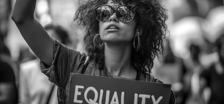 A woman holding an equality sign, using anger as motivation at a protest