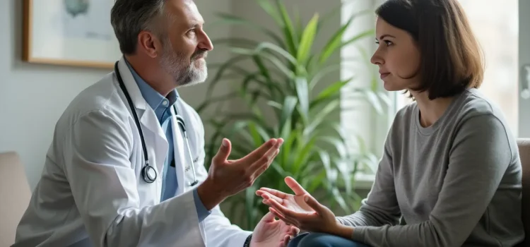 A male psychiatrist in a white coat talking to a female patient illustrates the difficulty of diagnosing mental illness