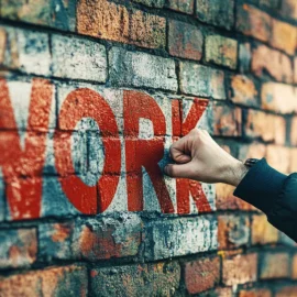 A fist punching a brick wall that says "WORK" in red letters, representing how to do hard work