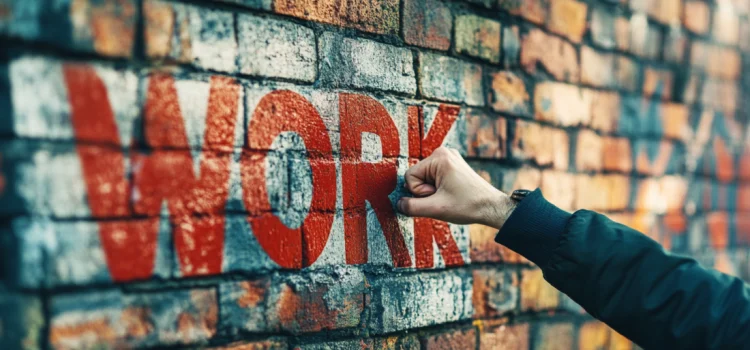 A fist punching a brick wall that says "WORK" in red letters, representing how to do hard work