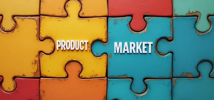 A puzzle piece labeled "Product" fitting perfectly into a puzzle labeled "Market" illustrates product-market fit