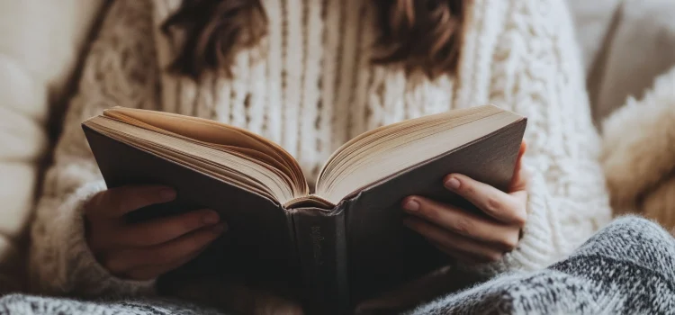 A woman reading a book wearing a white sweater