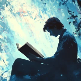 A man reading a book against a tree in a blue environment