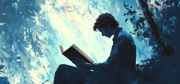 A man reading a book against a tree in a blue environment