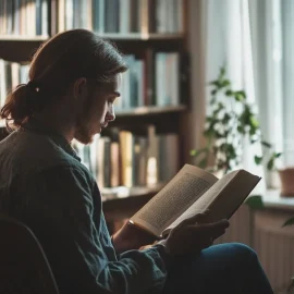 A man reading a book with innovation and entrepreneurship quotes in an office with a full bookshelf