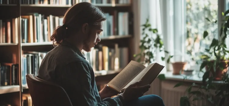 A man reading a book with innovation and entrepreneurship quotes in an office with a full bookshelf