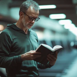 A man wearing glasses reading a book while walking on a treadmill at the gym