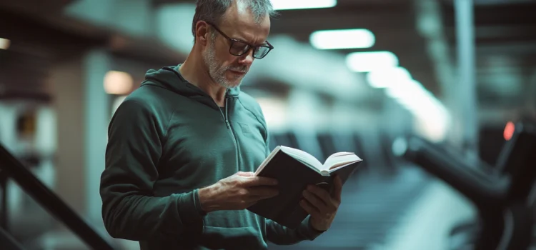 A man wearing glasses reading a book while walking on a treadmill at the gym