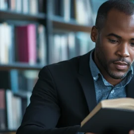 A man in a suit reading a book in front of a bookshelf