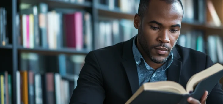 A man in a suit reading a book in front of a bookshelf