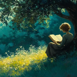 A person reading a book while sitting next to a tree