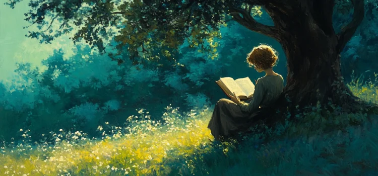 A person reading a book while sitting next to a tree