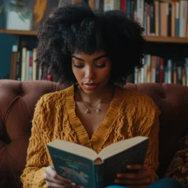 A woman reading a book on her couch in her living room