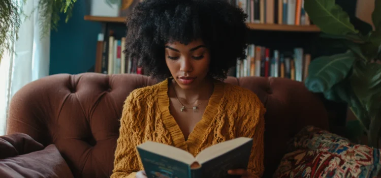 A woman reading a book on her couch in her living room