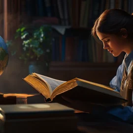 A woman reading a book with a globe on her desk