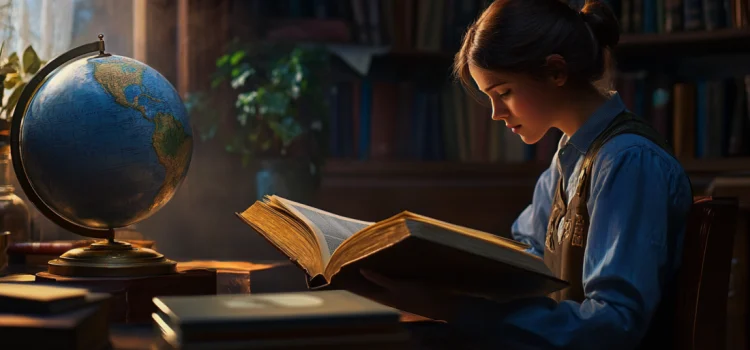 A woman reading a book with a globe on her desk