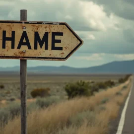 A road sign that says "SHAME" along a highway in the desert illustrates the effects of shame